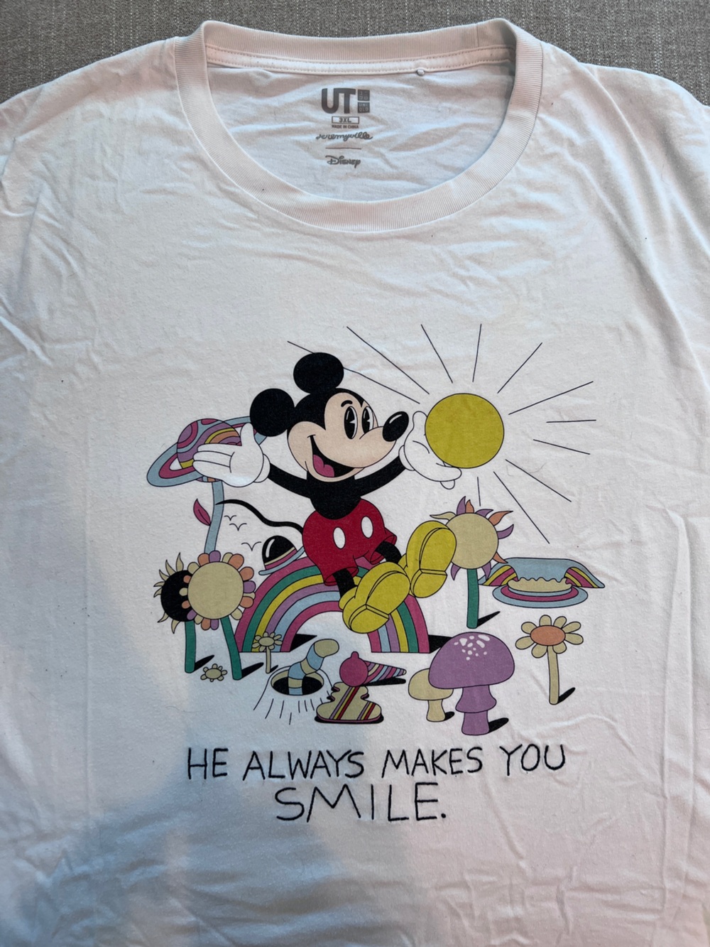 Uniqlo White Mickey Mouse Rainbow Graphic Tee